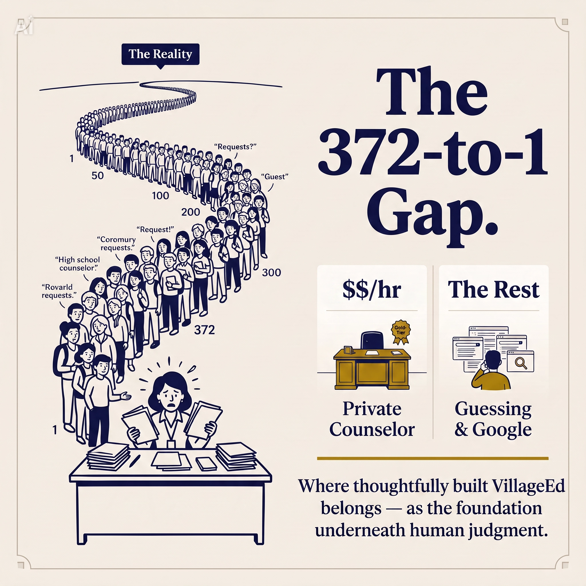 A long line of K&ndash;12 students representing the national student-to-school-counselor average.