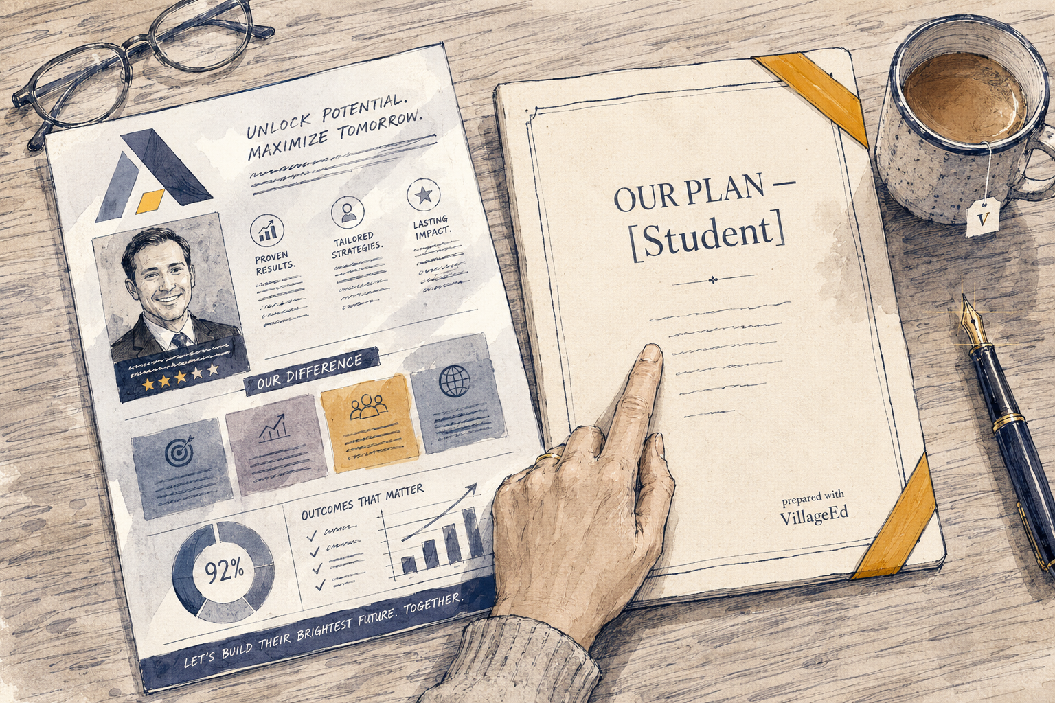 An illustration of a family arriving at a counselor's office prepared with their own VillageEd plan, ready for an informed conversation.